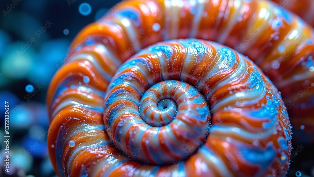 Aufkleber Vibrant Close-up of a Nautilus Shell with Spiral Pattern and Colorful Hues in Magical Light Background for Natural Art and Design Inspiration
