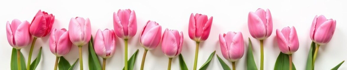 Fototapeta premium Elegant arrangement of fresh spring tulips in shades of pink on white, elegance, blossoms, nature