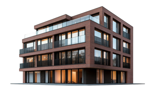 Modern Brick Apartment Building 3D Render, Isolated on Transparent Background, Architecture Design, Real Estate, apartment building, 3d rendering, architecture
