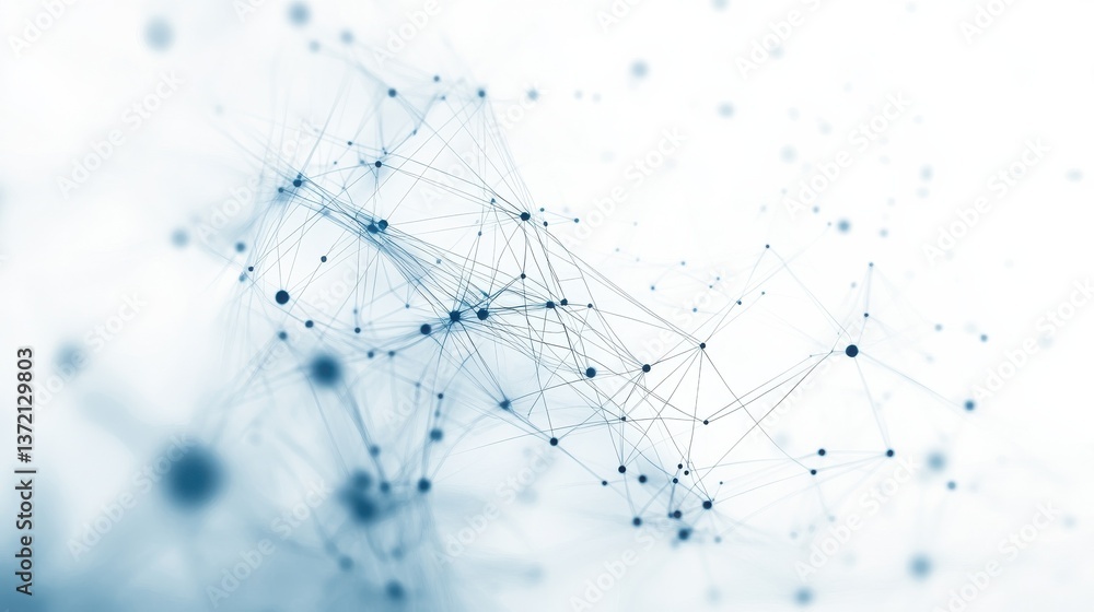 Poster a white background with dots and lines depicting a blue network. an abstract network technology back