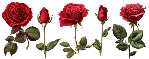 Five Red Roses in Different Stages, Botanical Illustration, Isolated on Transparent Background, Red Rosebuds, Floral Design, roses, botanical, illustration