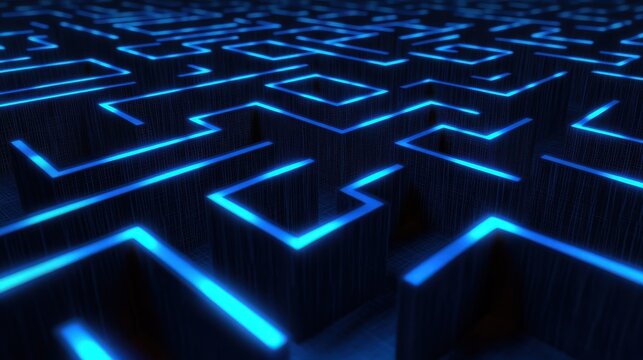 Beautiful maze background with neon light. Creative blue geometric labyrinth with glowing edges in 3D illustration