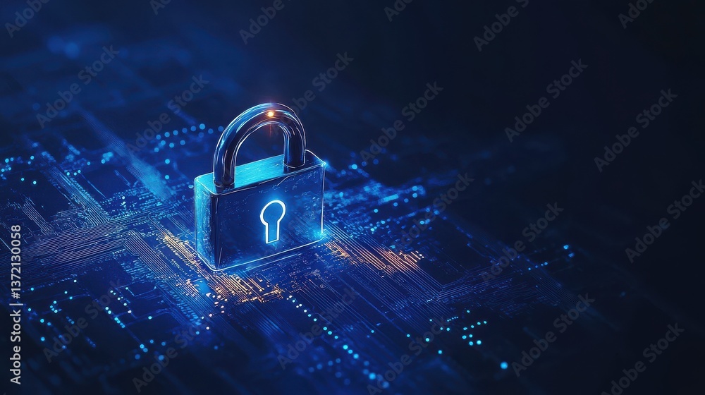 Poster a digital padlock on a dark blue backdrop symbolizes robust cyber security, emphasizing fraud preven