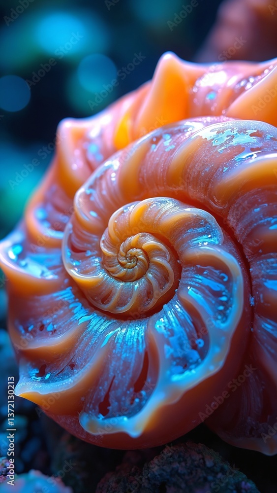 Poster Vibrant Close-up of a Nautilus Shell with Spiral Pattern and Colorful Hues in Magical Light Background for Natural Art and Design Inspiration