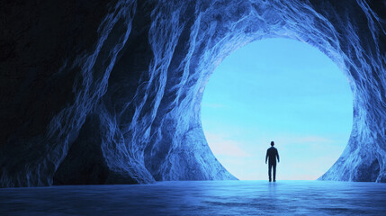 Fototapeta premium Person standing in cave, looking out at bright blue circular opening, symbolizing hope and new beginnings
