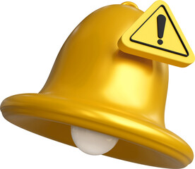 Yellow bell with warning triangle isolated on background. Concept of alert of risk or danger, safety, system error, and data update.