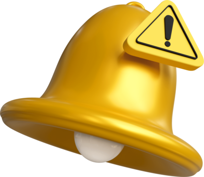 Yellow bell with warning triangle isolated on background. Concept of alert of risk or danger, safety, system error, and data update.
