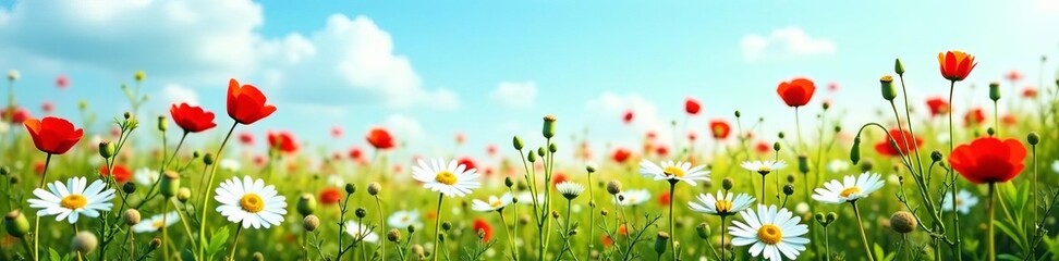 Fototapeta premium Tranquil field of daisies and poppies under blue sky, poppies, daisies, nature