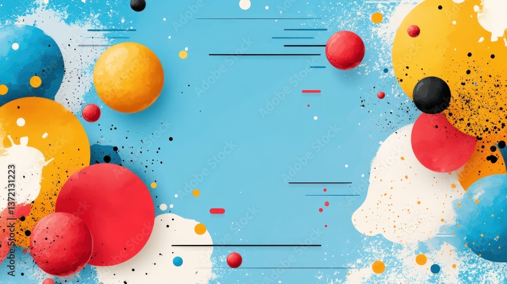 Poster colorful abstract spheres and paint splatters on a light blue background create a vibrant modern des