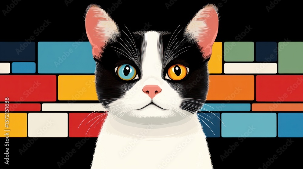 Poster a charming tuxedo cat with heterochromia iridis poses against a colorful geometric background.
