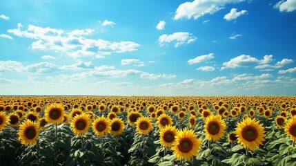 Obraz premium Vibrant sunflower field under clear blue sky, golden petals dancing in gentle breeze
