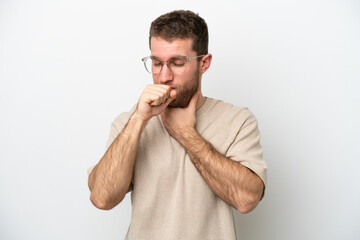 Young caucasian man isolated on white background coughing a lot