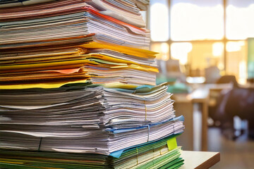 Stack of papers and files stacked tower, business file stack on desk, business report document business concept