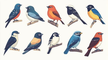 Fototapeta premium Colorful hand-drawn bird illustrations in various poses, perfect for design projects, wallpapers, and greeting cards. illustration