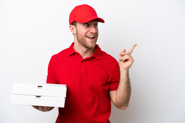 Pizza delivery caucasian man with work uniform picking up pizza boxes isolated on white background...