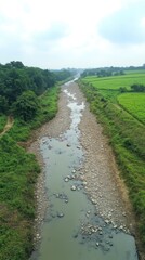 River winding through greenery. Rocky riverbed under cloudy sky. Nature's beauty captured overhead