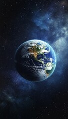 Naklejka premium Stunning photorealistic image of earth among stars, showcasing day and night hemisphere contrast