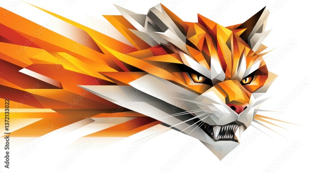 Poster fierce orange and white geometric tiger head explodes in dynamic abstract art design.