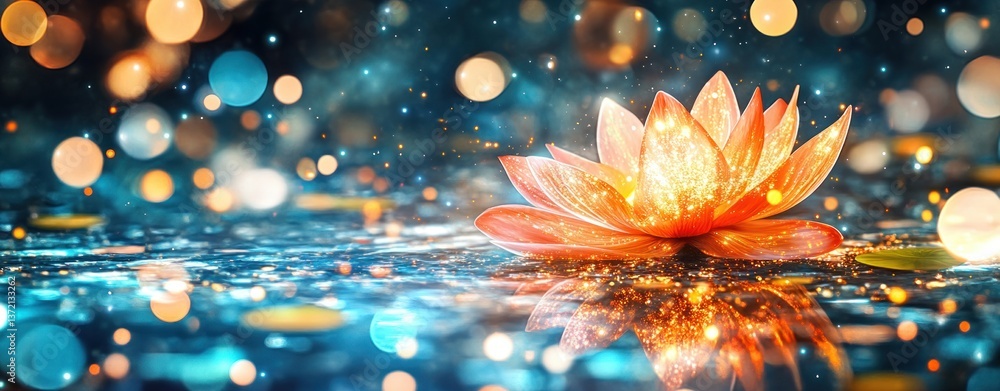 Poster a luminous orange lotus blossom floats serenely on tranquil water reflecting shimme lights and bokeh
