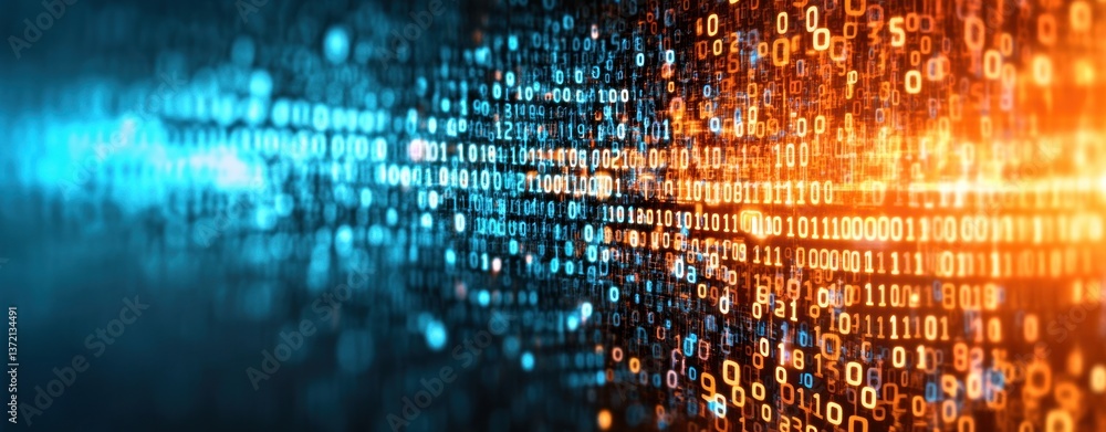 Poster Abstract digital data stream background with glowing binary code in blue and orange hues flowing across the screen.