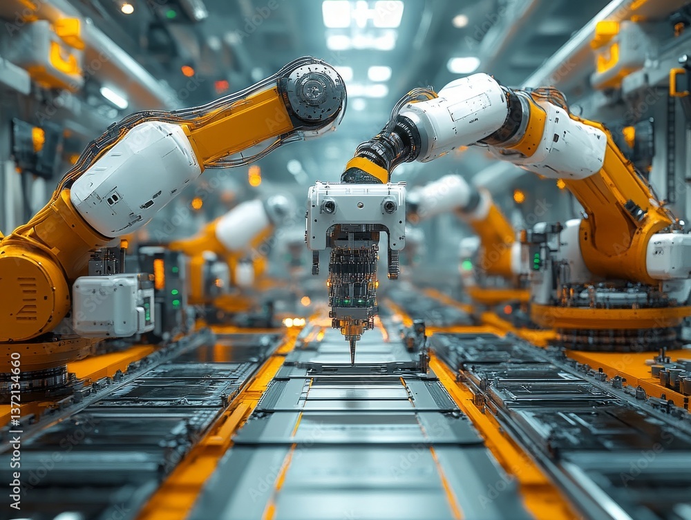 Poster automated precision: robotic arms in an advanced production line demonstrating high-tech manufacturi