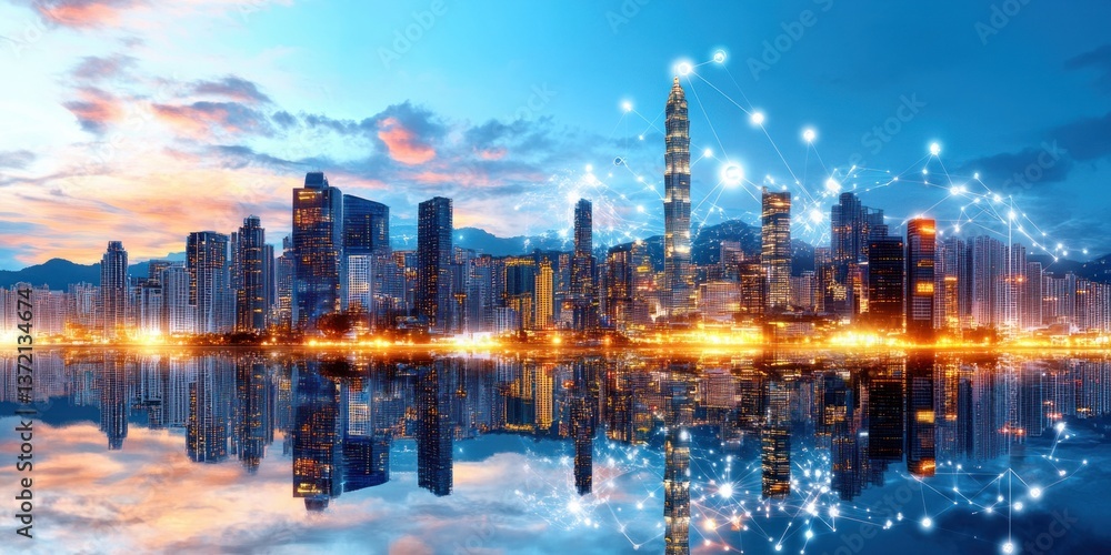Poster A vibrant cityscape at sunset reflects in calm water, illuminated with interconnected digital network lines.