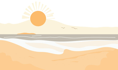 Sunlit Shoreline Serenity: Minimalist Vector Beach Scene with Warm Sunlight and Waves