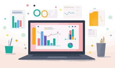 Flat Minimalist Computer Screen with Chart and Graph Business Analysis Concept Vector