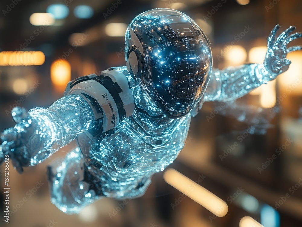 Poster futuristic ai cyborg soaring through a cyberpunk cityscape, evoking themes of technological advancem