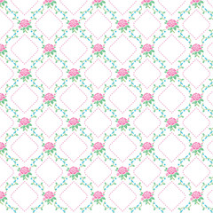 A seamless floral pattern featuring pink roses and green vines arranged in an elegant diamond lattice design.