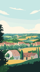 Retro French Countryside Tourism Poster in Minimalist Style Featuring Bergerac Landscape