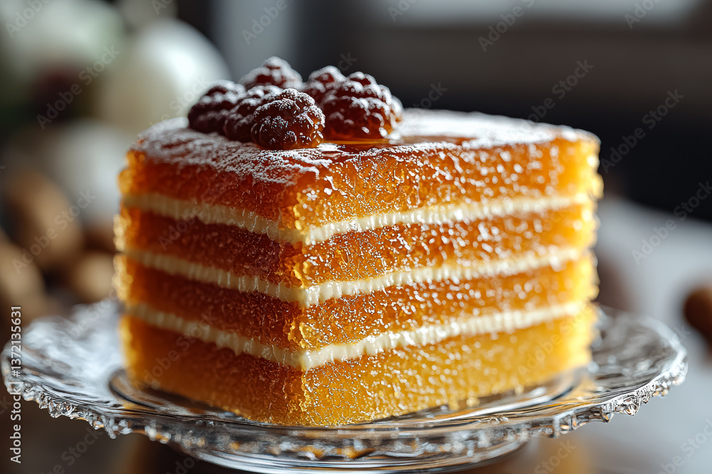 Poster slice of cake with a raspberry topping sits on a glass plate. the cake is layered and has a light, f