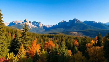 Autumnal Majesty: Canadian Rockies Panorama, Golden Forest & Crisp Blue Sky