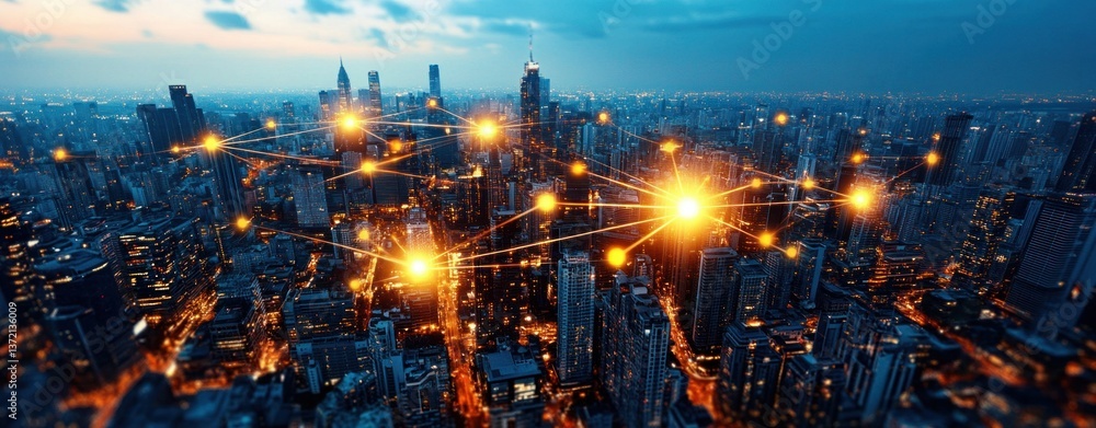 Poster a vibrant cityscape at night displays a complex network of interconnected glowing nodes representing