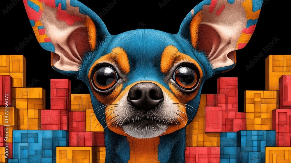 Poster a vibrant blue chihuahua with orange accents stares intensely from behind a colorful pixelated backd