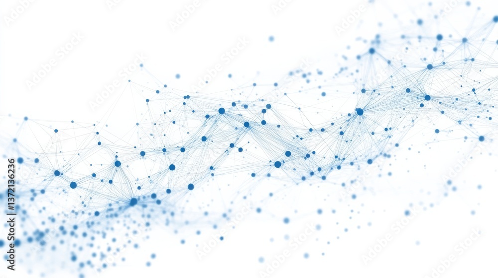 Poster a white background with dots and lines depicting a blue network. an abstract network technology back