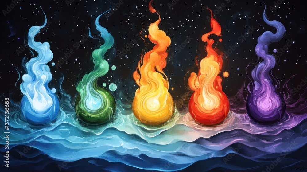 Poster five vibrant elemental flames dance on a swirling cosmic sea creating a magical and mystical artwork