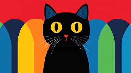 A cute black cat with big yellow eyes sits before a vibrant rainbow backdrop.