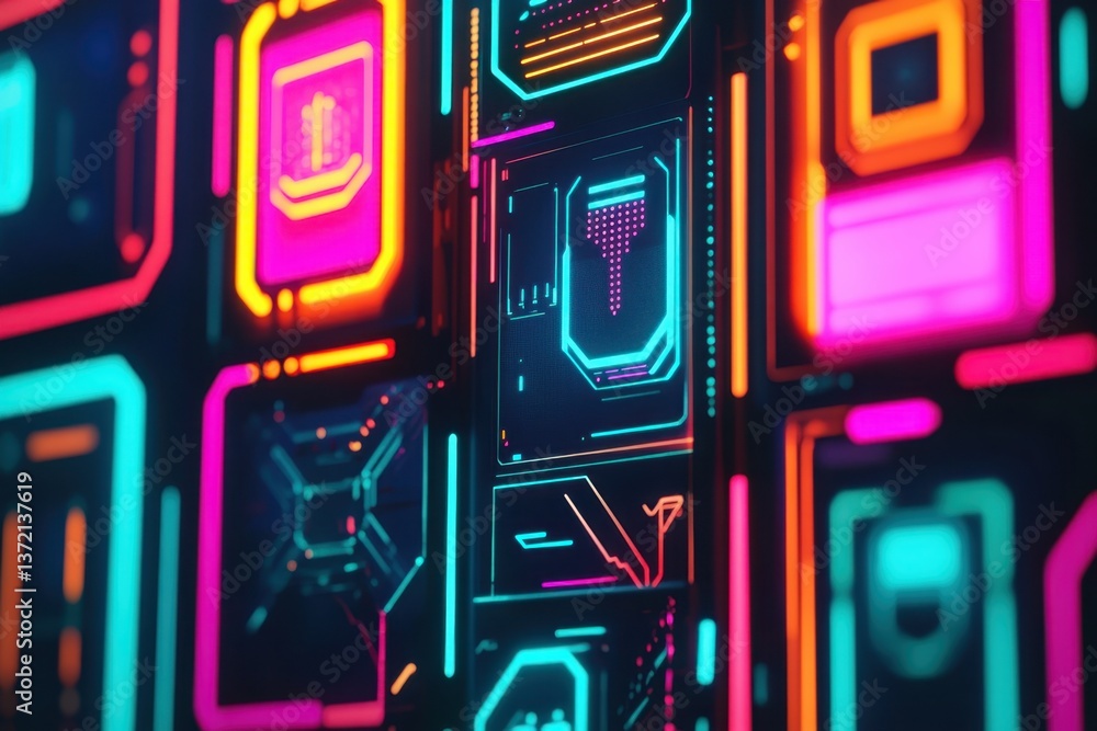 Aufkleber neon digital circuit board design featuring vibrant colors and intricate patterns