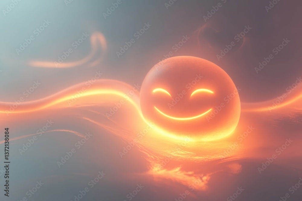 Poster glow of happiness radiates from a smiling orb in a soft, ethereal environment
