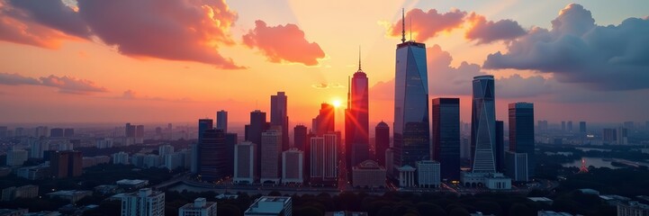 Obraz premium Glass skyscrapers reflecting city skyline during sunset, urban, sunset, cityscape