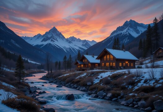 Serene Sunset over Snowy Mountains and Cozy Cabins