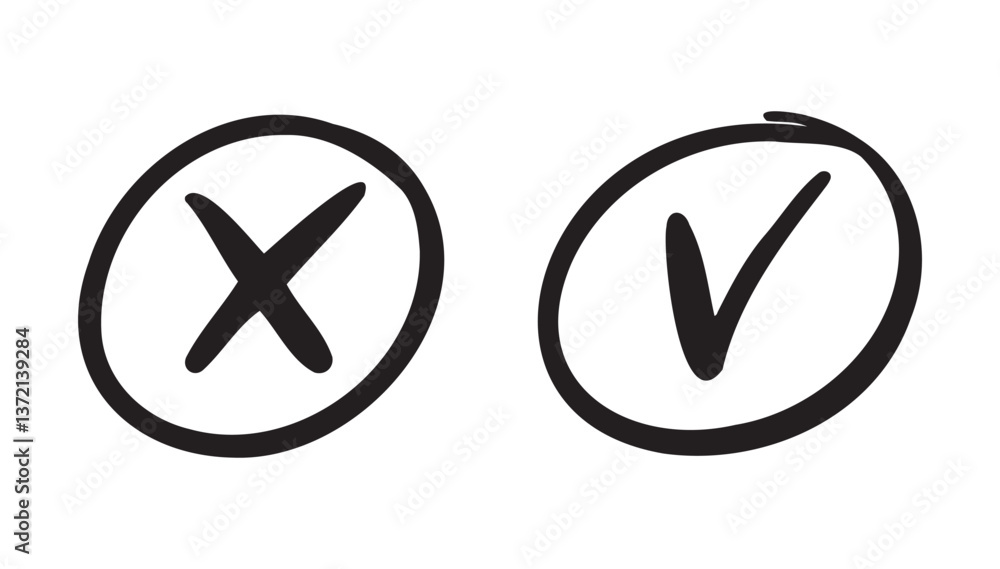 Aufkleber check and cross mark icon doodle hand drawn. checkbox for vote, yes and no concept. cross mark in ci