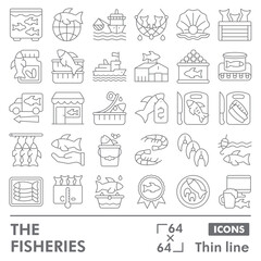 Fisheries symbols collection or sketches. seafood theme icons in thin line style signs for web and app. Vector graphics isolated on white background.
