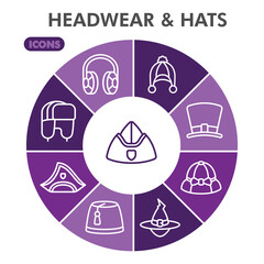 Headwear symbols collection or sketches. hats theme icons in line style signs for web and app. Vector graphics isolated on white background.