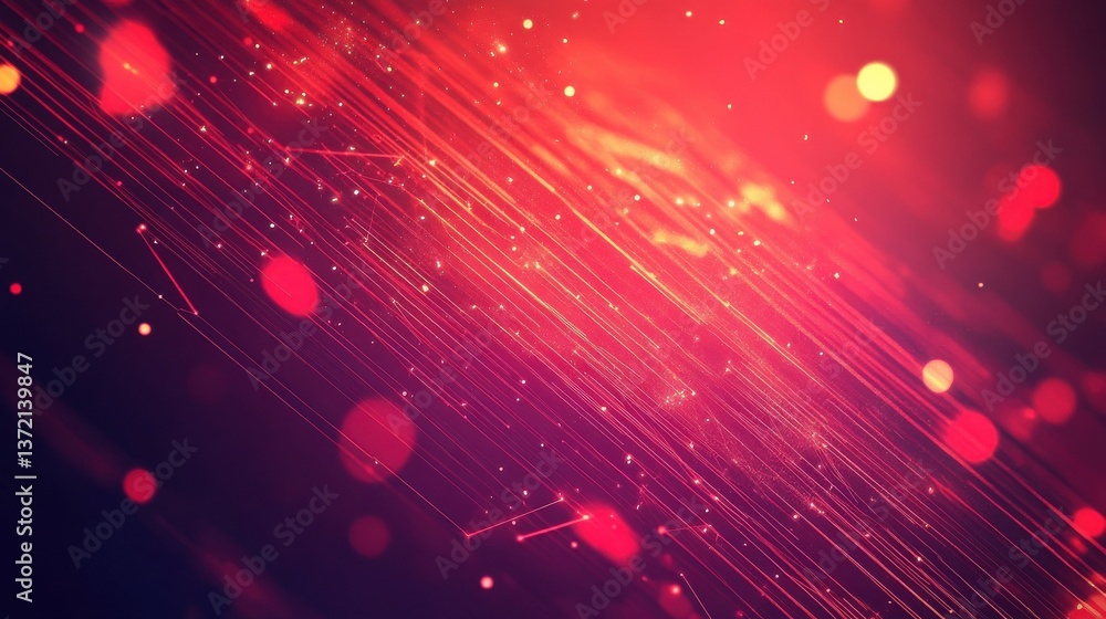 Poster abstract red background with glowing particles and geometric shapes. illustration