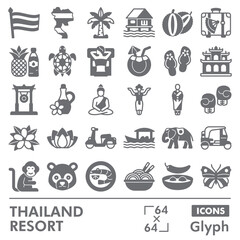 Thailand resort symbols collection or sketches. travel theme icons in glyph style signs for web and app. Vector graphics isolated on white background.