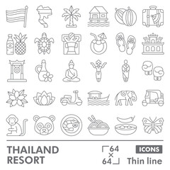Thailand resort symbols collection or sketches. travel theme icons in thin line style signs for web and app. Vector graphics isolated on white background.