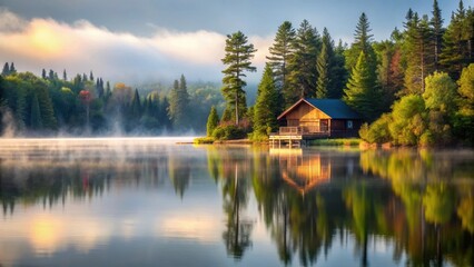 Obraz premium A serene cabin on a lake in Algonquin Provincial Park with a misty morning atmosphere and surrounding trees