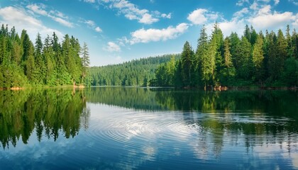 Fototapeta premium 穏やかな湖の水面に広がるさざ波と、緑豊かな木々が映り込む風景